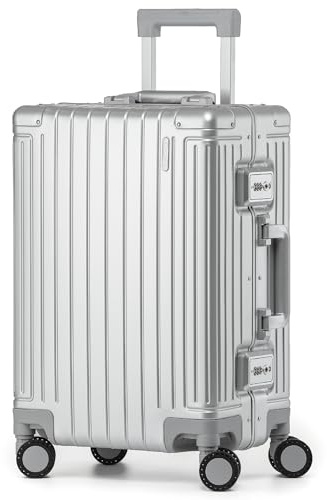 KOFA Geneva 100% Aluminium Handgepäck Koffer, 55cm Handgepäck Hartschalen Trolley, Cabin Reisekoffer, Rollkoffer Spinner Carry-on mit 4 Rollen und doppelte TSA Schloss 35L