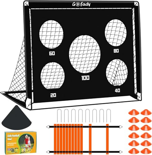 Gofady But de Football pour Enfants, Filet de Football 2 en 1 avec 5 Cible et Sac de Transport, Cage de Foot Enfant Exterieur pour Jardin Intérieur et Extérieur(1.2M/1.5M) (Noir, 120 * 90 * 90CM)