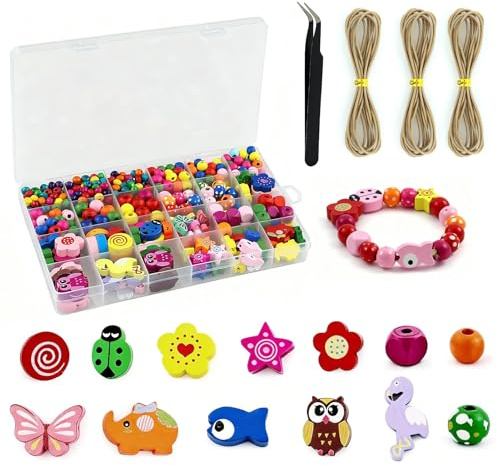 433 pezzi di perline di legno da infilare set e 3 pezzi di corda e 1 pinzetta, perline colorate da infilare, perline di legno con fiori e animali con filo, per braccialetti fai da te, set di gioielli