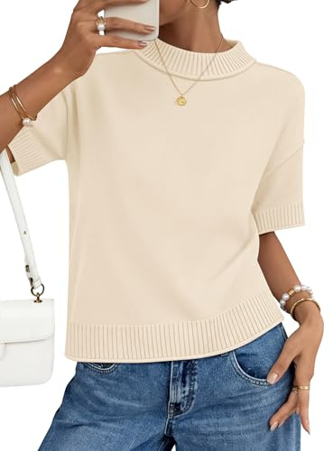 ZESICA Women's Casual Short Sleeve Sweaters 2026 Summer Oversized Crewneck Soft Knit Cropped Tops Trendy Outfits Beige Small