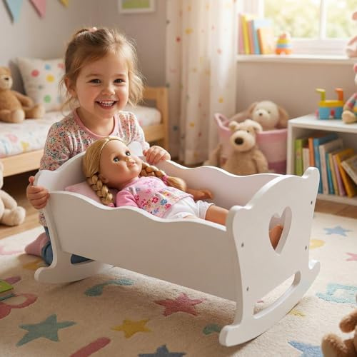 Wennzy Wooden Baby Doll Crib Toy, Baby Doll Cradle, Baby Doll Bed, Bed Play Rocking Cradle, Fits Dolls Up to 20 Inches, White