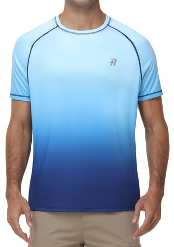 Runhit Men’s Rash Guard Short Sleeve, UPF 50+ Quick Dry Swimming T-Shirt, Breathable Lightweight UV Sun Protection SPF Swim Top for Running Gym & Outdoor, Blue Gradient M