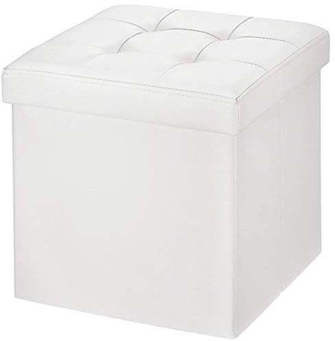 BRIAN & DANY Folding Ottoman Storage Box with Lid, Faux Leather Footstool Toy Storage Box Storage Seat 38 x 38 x 38 cm (White)