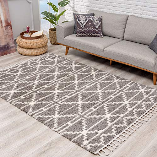 carpet city Teppich Hochflor Wohnzimmer - Ethno Skandi Stil 80x200 cm Grau Creme - Teppich-Läufer mit Fransen