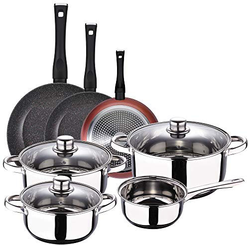 San Ignacio Batería 7 piezas Cassel y Set 3 sartenes Ø20/Ø24/Ø28 cms, aluminio forjado, antiadherente, inducción