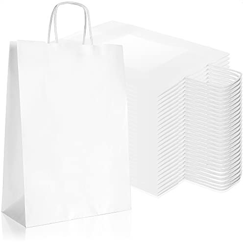 Robin Goods® 25x weiße Papiertüte mit Henkel, Geschenktüten aus Kraftpapier, Henkeltragetasche, Papiertaschen zum Verpacken und Verschenken von Mitgebseln (weiß - 32x23x10cm - 25 Stück)