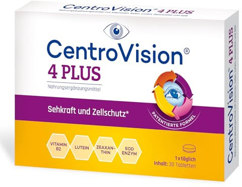 CentroVision 4 PLUS - Nahrungsergänzung für die Augengesundheit, patentierte Formel mit Superoxid-Dismutase und hochwertigem, natürlichem Lutein und Zeaxanthin, laktose- und glutenfrei, 30 St.