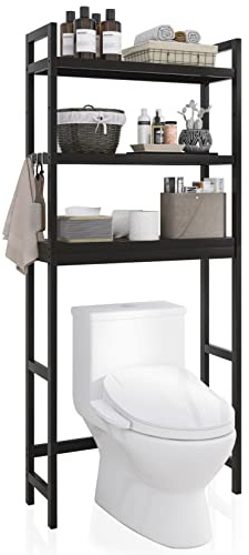 SMIBUY Badezimmer-Aufbewahrungsregal, Bambus-Über-der-Toilette-Organizer-Rack, freistehender WC-Platzsparer mit 3-stufigen verstellbaren Regalen (Schwarz)