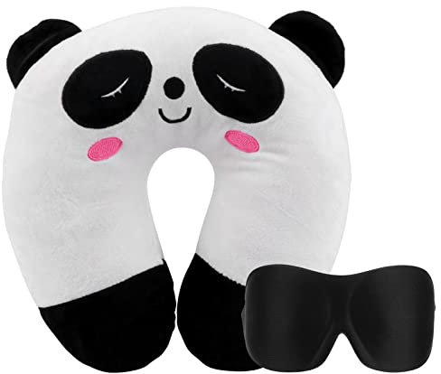 Kinder-Reisekissen, tragbares und bequemes Nackenstützkissen mit Augenmaske, Nackenstützkissen mit Tiermuster, superweicher Bezug, Reisepartner (Panda, Katze)