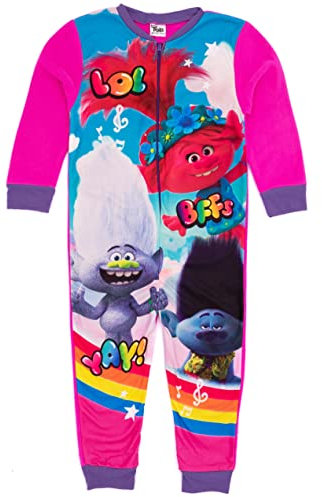 Trolls Girls Onesie in Pink | All In One Fleece Pyjama Loungewear | Branch, Poppy, & Guy Diamond | Kids PJs Sleepsuit Bodysuit Nightwear | Movie Pajama Jumpsuit Merchandise Gift for Children