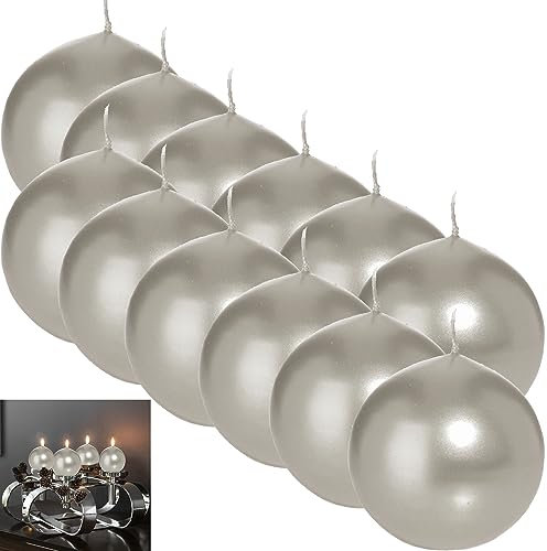 12 KUGELKERZEN Ø 8cm SILBER | Lange Brenndauer 25 Stunden | Stumpen- Kerze Kugel Echtwachs Glänzend groß | Made in Germany