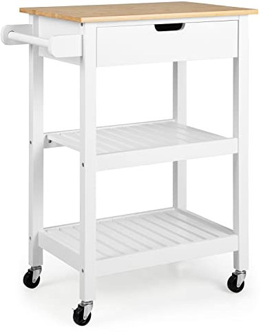 KOMFOTTEU Küchenwagen Kücheninsel aus Bambus & Holz, Servierwagen auf Rollen 66x40x85cm, Küchentrolley Rollwagen mit Arbeitsplatte Schublade & 2 offenen Ablagen, Aufbewahrungswagen (Weiß)