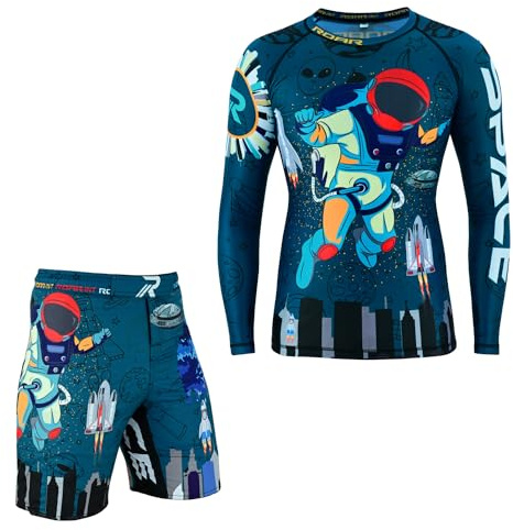 ROAR-INT MMA Rash Guard & BJJ Shorts Set Kids Fight Training Grappling Wear Jiu Jitsu Gi Trunks Outfit Set (Standard, X-Large, Space-2Pcs-Set)