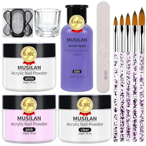 MUSILAN Acryl Nagelset, 3 Farben Rosa Klares Weiß Acrylpulver für Nägel mit Professionelle Acrylflüssigkeit Acrylnagelbürsten Nagelformen für Anfänger Nagelexperten DIY Nail Art Design Acryl Liquid