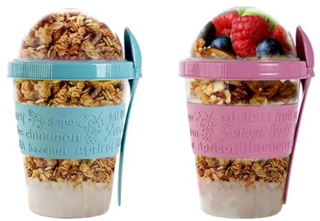 Seveston Yogurt Pots 2PCs Reusable 600ml overnight oats jar with lid & Spoon On The Go Breakfast Cereal Storage Containers snack pots Oatmeal Jars Set of 2 (Turquoise, Pink)