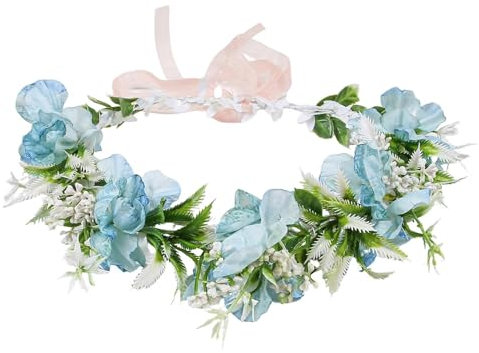 Coronas de flores para mujeres, bohemias, niñas, diadema floral para boda (azul, 20 x 22 cm)