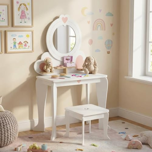 Arlopu Kids Vanity Table and Chair Set, Little Girls Dressing Makeup Table