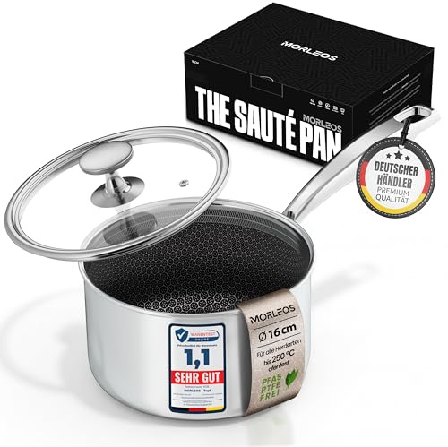 MORLEOS Stielkasserolle kratzfeste Antihaft-Waben-Keramikbeschichtung - 1,7 Liter, Ø 16x10 cm, 1,3 kg - mit modernem, flachem Glasdeckel - energiesparender kleiner Topf aus 5-Schichten - Induktion