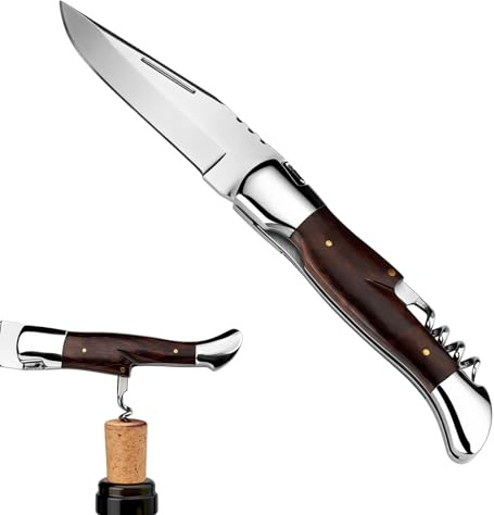 SPITZKANTE Couteau pliant avec tire-bouchon, verrouillage Liner Lock sécurisé et manche en bois – couteau de poche EDC idéal pour le camping et la randonnée