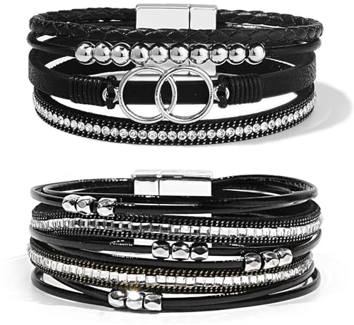 TORIHIKI 2 Pcs Boho Bracelets for Women with Turquoise Square Crystal Bead Strand Feather Leather Wrap Bracelet with Clasp Boho Jewelry for Women (Black)