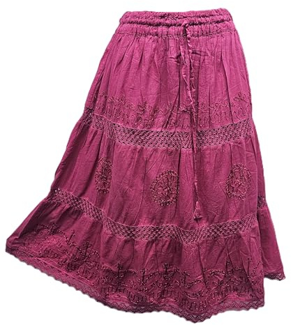 Doorwaytofashion Womens Knee Length Cotton Skirt Tiered Embroidered Adjustable Waist Lined One Size 8 10 12 14 16
