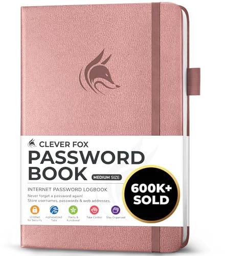 Clever Fox Password Book with alphabetical tabs. Internet Address Organizer Logbook. Medium Password Keeper for Website Logins (Rose Gold)