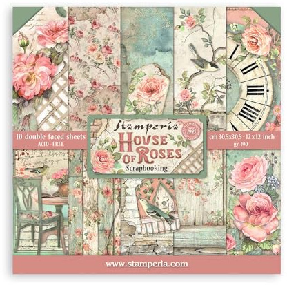 Stamperia Bloc Papier Scrap double Face 10 feuilles 30,5x30,5 (12x12) - House of Roses, Multicolore, 5cm SBBL66