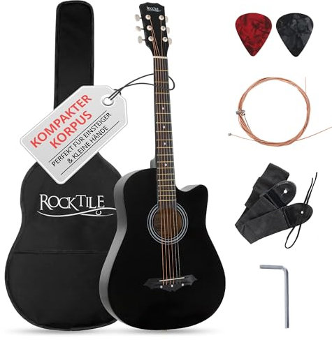 Rocktile WSD-5C-BK Slim Line Westerngitarren Set - Dreadnought Akustik Gitarre - Westerngitarre mit Korpus aus Linde - Hals: Catalpa - Set inkl. Tasche, Ersatzsaiten, Gurt und Plektren - Schwarz