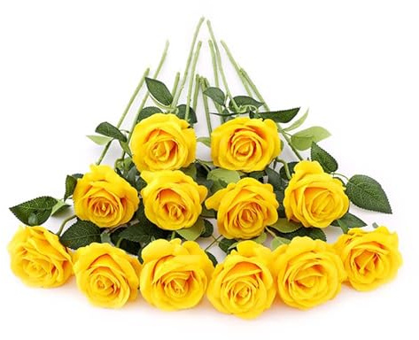 Laelfe 12 Piezas Rosas Artificiales Amarillo, 53 cm Tallo Largo de Flores Artificiales para Boda, Ramo de Novia, Decoración de Hogar, Fiesta, Hotel, Aniversario