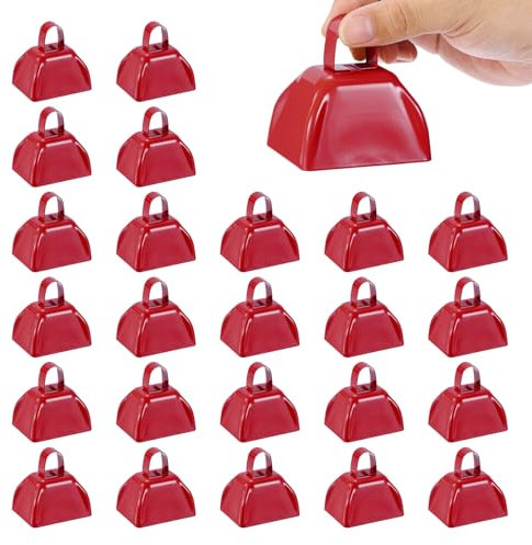 PATIKIL 3inch Cow Bells for Football Games, 24pcs Cowbells for Sporting Events Bulk Loud Noise Makers Metal Cow Bell with Handle for Cheering Competition Marathon Wedding DIY Paint, Red