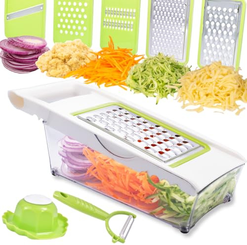 NACOLUS Cheese Grater with Container,5 In 1 Mandoline Slicer for Kitchen,Multi Purpose Vegetable Slicer, Easy to Clean Vegetable Chopper,Cheese Shredder,Julienne Slicer and Peeler