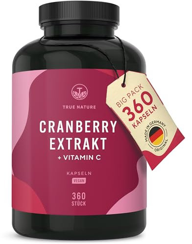 Cranberry Extrakt + Vitamin C - 360 Cranberry Kapseln hochdosiert - 25:1 Extrakt, entspricht 25.000mg - 6% Proanthocyanidine - Vegan & ohne Zusätze - TRUE NATURE