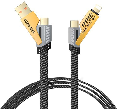 VEN-DENS 4 in 1 Multi Charger Cable | 65W Fast Charging Multi-Port Cable | USB A/C to Lightning & USB C | 120CM Nylon Braided Compatible with iPhone 16/15/14/13/12 Pro Max, MacBook Samsung Galaxy