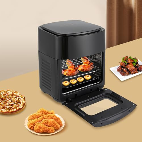 Minihorno de aire caliente de 1400 W, 15 L, de hojalata con ventilador, freidora de aire con pantalla táctil digital LED, freidora de aire caliente con cesta para freidora (negro)