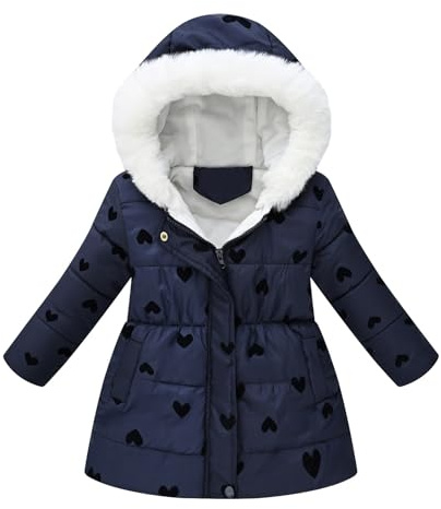 Vuncio Manteau Long Hiver Fille 2-10 Ans Fashion Parka Veste Doublé Polaire Enfant Fille Chaude Avec Capuche Zippée épaisse Coton Confortable Mignon Coat Hooded Jacket (9-10 ans, Navy-7)