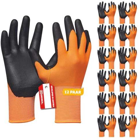 Gebol Eco Flex Orange | Guantes de trabajo con revestimiento de nitrilo transpirable | Guantes para trabajos de montaje | Para Hombre | Talla XXL (Gr 11) | Naranja | 12 pares Multipack