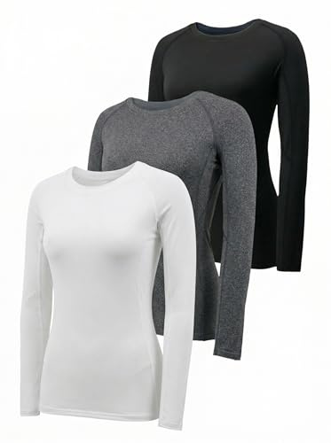 YUSHOW T-Shirt de Compression Femme - Haut de Sport Manches Longues Lot de 3 Extensible et Anti-Transpiration pour Fitness, Course à Pied, Yoga,Noir+Gris+Blanc,S