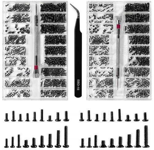 Lyeteung 1000 PCS M1.2/M1.4/M2 Tiny Micro Repair Screw Kit, Tiny Micro Screws Set, Electronic Repair Micro Screws, with Screwdriver and Tweezers, for Spectacles, Laptop, Watches, Black