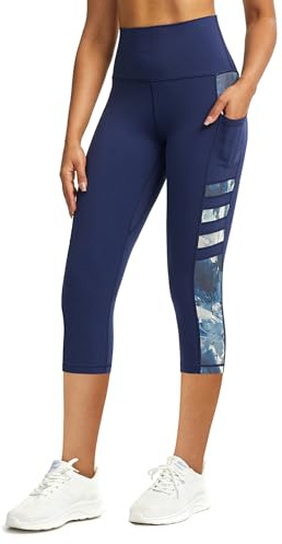 Tuspryt Leggings de sport pour femme avec poches, pantalon de sport opaque taille haute 3/4 pour femme, pantalon de fitness, pantalon de course, capri, leggings pour le gym, bleu foncé, M