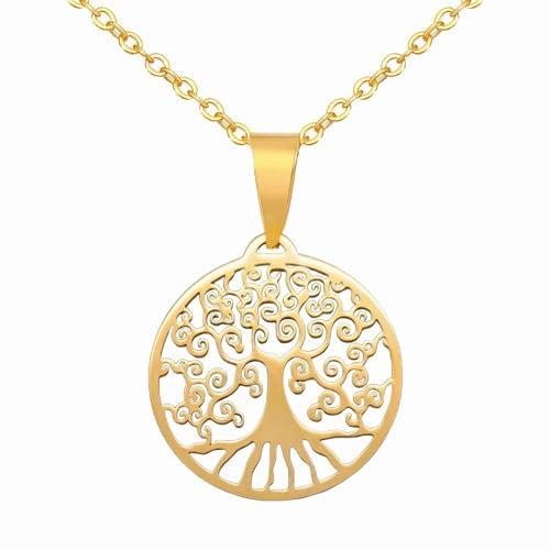 Kritz Collier Femme Arbre de vie Feuille Palmier Monstera Acier inoxydable Plaqué Or - Pendentif Amulette Porte Bonheur avec Chaîne Réglable - Bijoux Cadeau Femme (Arbre de Vie)