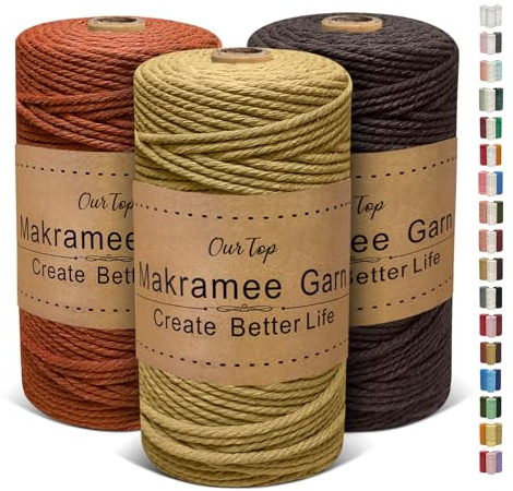 OurTop Premium makramégarn, set om 3, 3 mm x 160 m, makramésnöre, makramésnöre, garn för gör-det-själv-hantverk, vävning, dekoration, hängande växtväxt, hängare (salvia, tegelröd, brun)