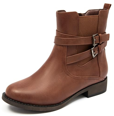 Ataiwee Women's Ankle Boots - Classic Side Zip, Comfortable Platform, Cover with Buckle Strap, Round Toe, Low Chunky Heel Comfort Slip On Fashion Dark Brown Boots.(PU,7 UK)