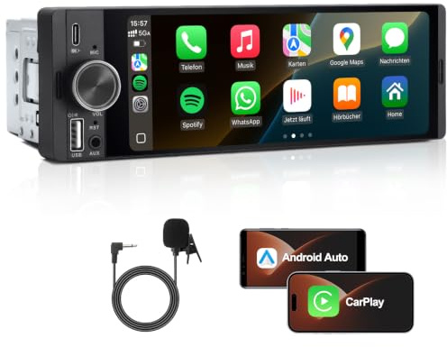 1 DIN Autoradio mit Wireless CarPlay & Android Auto, Auto Radio mit Bildschirm, GPS Navigation, FM, Bluetooth, Freisprecheinrichtung, Lenkradsteuerung, EQ, MirrorLink, AUX (6,36 Zoll)