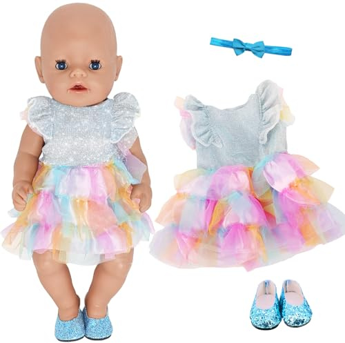 3Pcs Baby Doll Clothes for 14-18 Inch Doll 30-45cm Baby Doll, Shiny Sequin Style Baby Doll Accessories, Blue Color Doll Dress Shoes Headdress Sweet Cartoon New Born Baby Doll Clothes for Kids Birthday