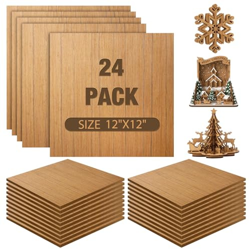 Maasechs 24 Pcs Teak Wood Color Wood Sheets Plywood Board for Laser Engraving Cutting 3 mm Thick Unfinished Boards for DIY Project Crafting Cutting Architectural Model (12 x 12 Inch)