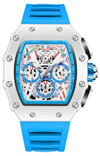FANMIS Fashion Hollowed Men Watches Tonneau Skeleton Dial Big Face Waterproof Chronograph Fashion Casual Watch with Silicone Strap Multifunctional Outdoor Sports Wristwatch (Blue)