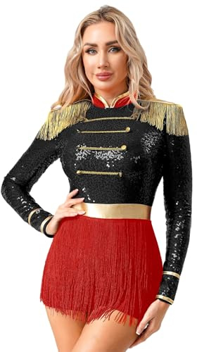 JEATHA Disfraz Domadora Mujer Mono De Danza Gimnasia Con Flecos Body De Manga Larga Traje Brillante De Actuación Fiesta Cosplay