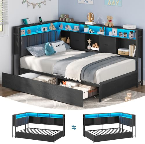AODEMOKO Canapé Lit 90x200 avec Rangement et LED,Lit Enfant avec Sommier,Lit Double en Métal avec 2 Tiroirs et Une étagère de Rangement,Lit Coffre 90x200,Gris