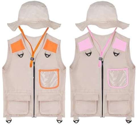 Kids Safari Väst - Med hatt Lätt outfit | Barnkostym Cargo Safariväst för pojkar Flickor Vandring Fiske Camping Trekking Bakgård Naturäventyr