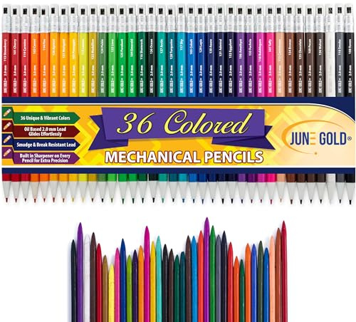 June Gold 36 Assorted Colored 2.0 mm Mechanical Pencils with 36 Unique Color Leads, Color Name is Printed on Each Pencil Barrel, Built in Rear Sharpener